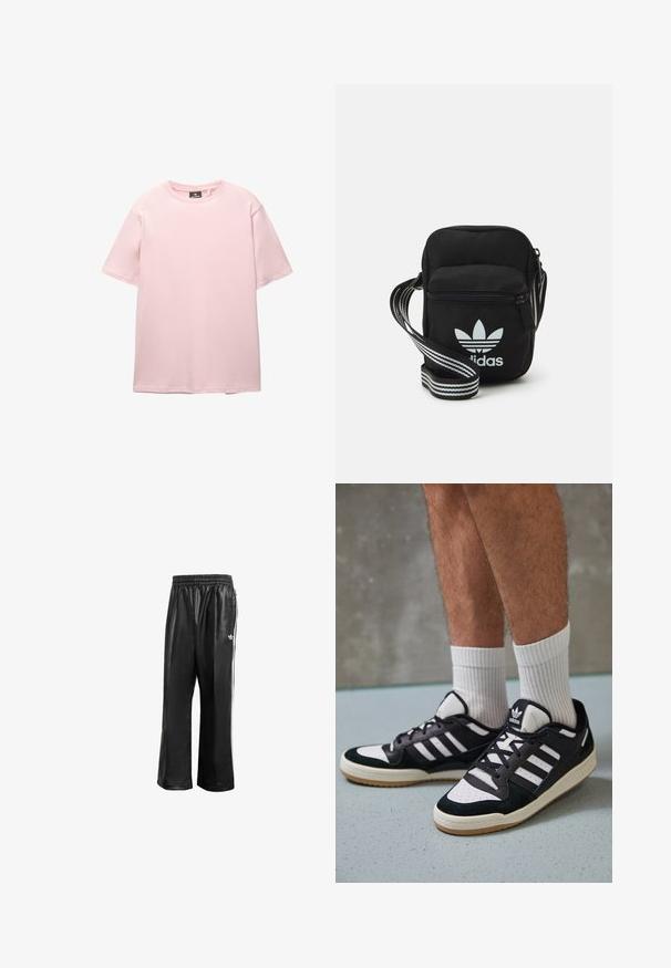 PULL&BEAR JOIN LIFE - T-Shirt basic - pink; Schwarze synthetische Sporthosen mit elastischem Taillenbund, ausgestattet mit weißen Seitenstreifen und einem kleinen weißen Logo auf der linken Hüfte.; Schwarz-weiße Sneaker mit einem Obermaterial aus Wildleder und Leder, ausgestattet mit drei weißen Streifen, einer perforierten Zehenpartie und einer Sohle aus Gummi.; Schwarze Umhängetasche aus Stoff mit Reißverschluss, ausgestattet mit einem weißen Adidas-Logo und einem gestreiften, verstellbaren Tragegurt für einfachen Transport.
