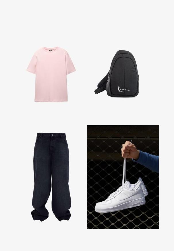 PULL&BEAR JOIN LIFE - T-shirt basic - pink; Zwarte denim broek met wijde pijpen, een gladde textuur, vijf zakken en een knoopsluiting. Heeft een relaxte pasvorm en taps toelopende zoom.; Witte leren sneakers met perforaties, ronde neus, vlakke zool en dikke veters, met een zichtbare swoosh-logo en "AIR" op de hiel.; Zwarte stoffen schouderrugzak met een soepele textuur, met een gebogen ontwerp, een ritscompartiment en een wit logo aan de voorkant.