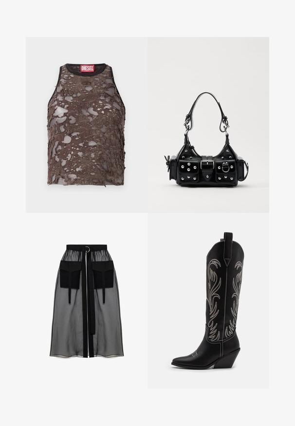 Pruun ilma varrukateta top, millel on kulunud, auguline tekstuur, must dekoltee ja punane Diesel brändi silt kaelakaarel.; Must mustriga seelik, millel on kogutud vöökoht, kaks suurt esitaskut, vöötie ja ringikujuline metallaktsent.; Mustad mustad nahast cowboy saapad terava ninaga, vööndkanna ja hõbedaste tikanditega lillemustritega varred. Kontrastõmblused üle kogu.; Must värvi nahast käekott, millel on kaarjas disain, hõbedased nupukesed, kinnitusahe ja kaks külgtaskut. Reguleeritav rihm erinevate kandmisvõimaluste jaoks.