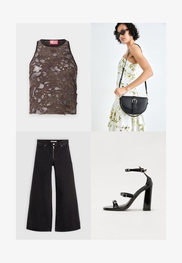 Brown sleeveless top with a distressed, perforated texture, featuring a black neckline and a red Diesel brand label at the collar.; Wide-leg jeans in black denim with a zippered front, five-pocket design, and subtle stitching details. Smooth texture and casual style.; Black patent high-heeled sandals with two buckle straps, square toe, and a chunky block heel, featuring a smooth, glossy texture.; Black leather handbag with a curved shape, detachable strap, and gold hardware. The bag features a flap with a buckle detail.