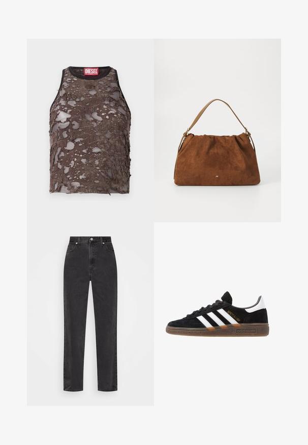 Brun ärmlös topp med en slitna, perforerad struktur, med en svart halsringning och en röd Diesel-märkesetikett vid kragen.; Svarta jeans med rak benstil och hög midja, framknapp och dragkedja, samt fem fickor mot en vit bakgrund.; Svarta Adidas-sneakers med vita ränder, guld "Spezial" text, gummisulor och vit hälflik, visade i profilvy.; Brun mockaläderhandväska med ett samlat mönster, som har en enkel rem i tanläder och en subtil guldfärgad logotypdetalj på framsidan.