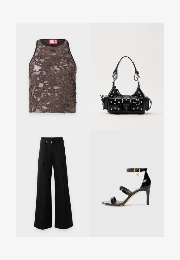 Hnedý bezrukávový top s opotrebovanou, perforovanou textúrou, s čiernym výstrihom a červenou značkovou nálepkou Diesel na golieri.; Čierne široké nohavice s vysokým pásom, ktoré majú veľké bočné vrecká, dva predné gombíky a detaily v podobe slučiek. Vyrobené z pevnej tkaniny.; Čierne lakované sandále s tromi pásikmi, spona na členku a 10 cm ihlovým podpätkom. Obsahujú zlaté detaily s hardwarem a logo prívesok.; Čierna kožená kabelka s zakriveným dizajnom, doplnená striebornými cvočkami, prackou a dvoma bočnými vreckami. Nastaviteľný popruh poskytuje rôzne možnosti nosenia.