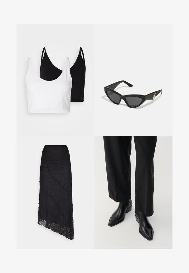 Două topuri din bumbac, unul alb și unul negru. Fiecare are un decolteu adânc și bretele subțiri, având o textură netedă și moale.; Top din dantelă neagră cu decolteu off-the-shoulder, mâneci lungi tip clopot și margini ondulate. Model floral texturat pe întreaga suprafață.; ONLY ONLKIM LACE SKIRT - Fustă maxi - black; Bocanci din piele neagră până la glezne, cu vârf ascuțit, textură netedă și toc pătrat. Asortați cu pantaloni negri cu talie largă, creând o siluetă elegantă.; Ochelari de soare tip cat-eye cu un cadru din plastic mat de culoare neagră, lentile întunecate și un accent de logo aurit pe tâmple. Design unghiular și textură netedă.