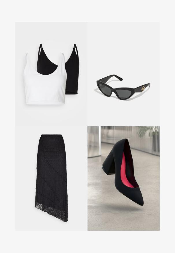 Dwa bawełniane topy w kolorze białym i czarnym. Każdy z nich ma głęboki dekolt i cienkie ramiączka, charakteryzujące się gładką, miękką teksturą.; Czarna koronkowa bluzka z dekoltem hiszpańskim, długimi rękawami w kształcie dzwonu i falbaniastymi brzegami. Teksturowany kwiatowy wzór na całej powierzchni.; ONLY ONLKIM czarny; Czarna szpilka o spiczastym nosie, z teksturowaną powierzchnią i intensywnie różowym wnętrzem. Posiada masywny obcas z srebrnym akcentem.; Okulary przeciwsłoneczne w kształcie kocich oczu z matową czarną oprawką z plastiku, ciemnymi soczewkami oraz złotym akcentem z logo na zausznicy. Kanciasty kształt i gładka tekstura.