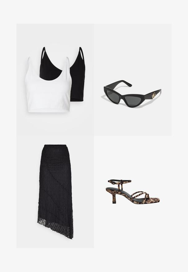 Dve bavlnené crop tops v bielej a čiernej farbe. Každý má hlboký výstrih a tenké ramienka, s hladkou, jemnou textúrou.; Čierny čipkovaný top s odhalenými ramenami, dlhými zvonovými rukávmi a vlnitými okrajmi. Textúrovaný kvetinový vzor po celej ploche.; ONLY ONLKIM LACE SKIRT - Maxisukňa - black; Sandále na podpätku s leopardím vzorom, s hranatou špičkou, viacerými popruhmi a stredne vysokým podpätkom. Vyrobené z mäkkého textilného materiálu.; Slnečné okuliare v tvare mačacích očí s matným čiernym plastovým rámom, tmavými sklami a zlatým logom na bočnej strane. Ostrý dizajn a hladká textúra.