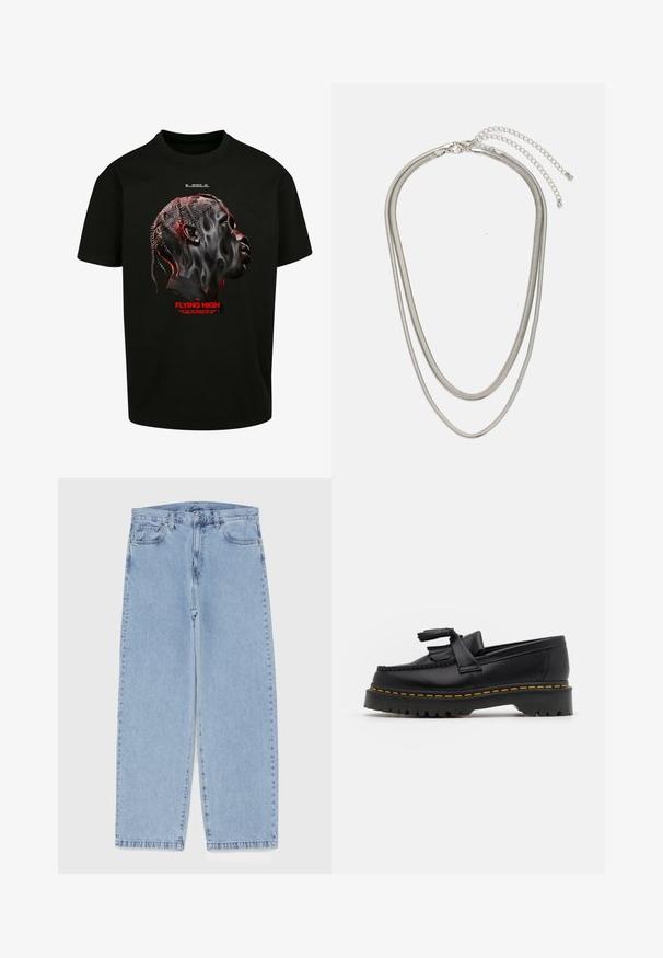 Sort bomulds T-shirt med et grafik af et stiliseret ansigt i nuancer af grå og rød, med rød tekst der læser "FLYING HIGH" nedenfor.; Lyseblå denimjeans med straight leg-design, der har en mid-rise talje, fem lommer og en lukning med knap og lynlås.; Sort læderloafer med en frynsedetalje, der har en kraftig sort sål og gul syninger langs kanten. Teksturert overflade.; Tre-lags sølvmetal halskæde med slanke, flexible kæder med en let glans, sikret med en hummerlås og justerbar kæde.
