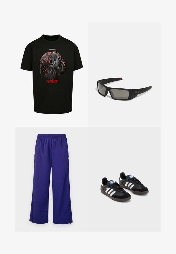 Fekete pamut póló, stilizált arc grafikai ábrázolásával szürke és piros árnyalatokban, alatta pedig piros szöveggel: "FELTARTÓZKODVA".; Lila, könnyű sportnadrág elasztikus derékrésszel és oldalsó cipzárakkal a szárak közelében. Sima textúra, enyhe fényességgel.; Fekete sportcipők, velúrból és szintetikus anyagból készült felsőrésszel, három fehér csíkkal, textúrázott gumitalppal és kék logó címkével a nyelvén.; Fekete napszemüveg matt felülettel, téglalap alakú lencsékkel, enyhe ívvel a templomokon, diszkrét logó részlettel és füstszínű lencsékkel.