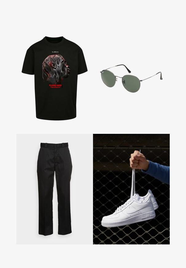 Juodas medvilninis marškinėliai su stilizuoto veido grafika pilkšvų ir raudonų atspalvių, po kuria raudonais rašmenimis išspausdinta "SKRAIDYMAS AUKŠTAI".; Juodos kelnės pagamintos iš lygaus audinio, su tiesaus kirpimo dizainu, diržo kilpa ir dviem šoninėmis kišenėmis. Klasikinis stilius be puošmenų.; Balti odiniai sportiniai bateliai su perforacijomis, apvalia nosimi, plokščiu padu ir storomis raištelėmis, su matomu swoosh logotipu ir "AIR" ant kulno.; Metaliniai akiniai su ovaliais žaliais lęšiais. Plonas sidabro spalvos metalinis rėmas ir juodi ausų laikikliai. Minimalistinis dizainas, be matomų logotipų.