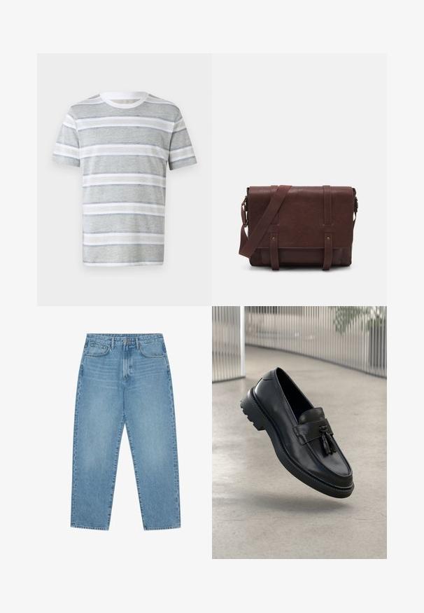 Striped short-sleeve t-shirt in light gray and white. Features horizontal stripes, a crew neck, and soft texture. Simple design.; Three long-sleeve shirts: light blue, white, and navy. All have a classic collar and button-down front, made of smooth fabric.; Light blue denim wide-leg jeans with a high waist, featuring five pockets, belt loops, and a soft, slightly faded texture.; Black leather loafers with a smooth finish, decorative tassel, thick rubber sole, and stitched accents. Lightweight and sleek design.; Brown leather messenger bag with a flat front flap, two straps, gold hardware accents, and an adjustable shoulder strap.