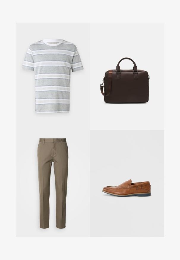 Prugašta majica kratkih rukava u svijetlosivoj i bijeloj boji. Sadrži horizontalne pruge, okrugli izrez i meku teksturu. Jednostavan dizajn.; Bež hlače od glatkog tkanja, sa ravnim krojem, prednjim patentnim zatvaračem i minimalističkim džepovima. Nema vidljivih uzoraka ni ukrasa.; Smeđe kožne mokasine s okruglim vrhom, šivanim detaljima i niskim gumenim potplatom. Dizajn sadrži trakicu preko gornjeg dijela.; Smeđa kožna torba za prijenosno računalo s teksturiranom površinom, dvostrukim gornjim ručkama, podesivim remenom i dva prednja kopčanja za dodatne detalje.