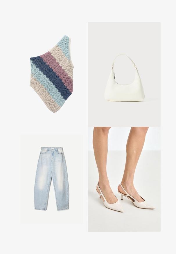 Kvačkana šala z izmeničnimi črtami v svetlo modri, mornarsko modri, roza in bež barvi. Zapletena čipkasta zasnova v trikotni obliki.; Bela srajca z gumbom, klasičnega ovratnika, dolgimi rokavi in sproščenim krojem. Narejena iz lahkotnega blaga z gladko teksturo.; Svijetloplave traperice slobodnog kroja, s izbjeljenom završnom obradom, dva prednja džepa i kopčom na gumbe na pojasu.; Bež lakirane usnjene čevlje na peto s koničastim nosom in 5 cm visokim peto, ki imata izrezane stranice in tanko zanko okoli gležnja.; Majhna bela torbica za ramo z enim nastavljivim trakom in zadrgo, postavljena na enobarvno belo ozadje.
