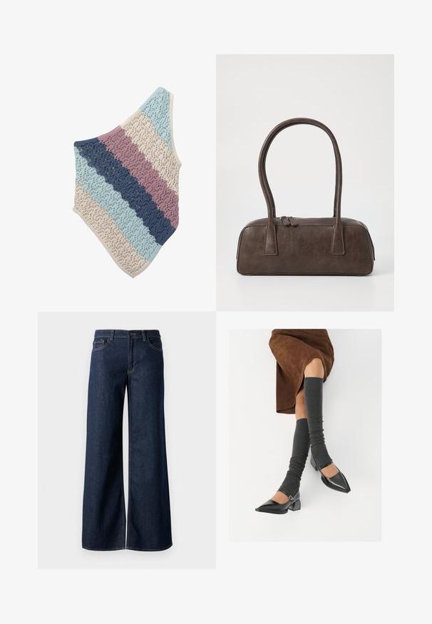 Kvačkana šala z izmeničnimi črtami v svetlo modri, mornarsko modri, roza in bež barvi. Zapletena čipkasta zasnova v trikotni obliki.; Široke hlače iz temnega modrega denima. Imajo kontrastno šivanje, pet žepov in gumbasto zapiranje v pasu. Gladka tekstura.; Črne lakirane čevlje s pointy prsti in blok peto ter z naramnicami za gleženj, ki jih kombiniramo s sivimi rebrastimi nogavicami in rjavim suknjičem iz usnja.; Rjava usnjena torbica z dvema trdnima ročkama, pravokotne oblike, gladke teksture in zadrgo. Minimalističen dizajn brez vidnih vzorcev.