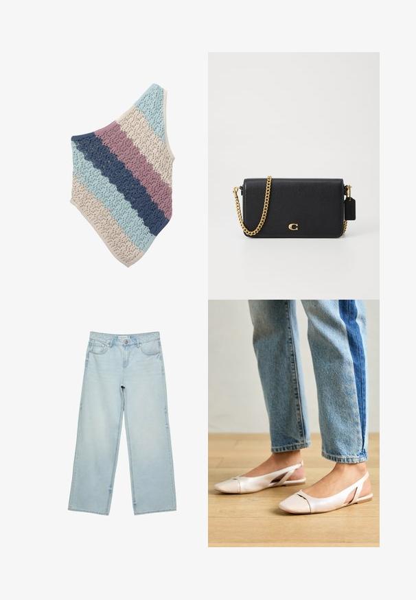 Szydełkowy szal z naprzemiennymi paskami w jasnoniebieskim, granatowym, różowym i beżowym kolorze. Wydziergany w skomplikowany wzór koronkowy o trójkątnym kształcie.; Jasnoniebieskie jeansy o szerokich nogawkach, wykonane z denimu, z wysokim stanem, pięcioma kieszeniami i delikatnym efektem wyblaknięcia. Prosty krój z wykończonymi brzegami.; Jasnoróżowe baleriny na odkrytej pięcie z wąskim noskiem, wykonane z gładkiego materiału imitującego skórę. Posiadają wycięcia po bokach oraz płaski obcas.; Czarna skórzana torebka na ramię z teksturowaną powierzchnią, złotym łańcuszkiem i małą metką. Posiada wyraźne logo z przodu.
