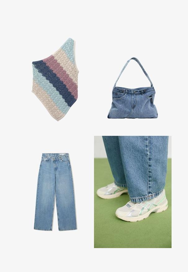 Șal croșetat cu dungi alternante în albastru deschis, bleumarin, roz și bej. Design complicat din dantelă, cu o formă triangulară.; Jeans largi de culoare albastru deschis, confecționați din denim, cu talie înaltă, cinci buzunare, închidere cu nasture și ușoară decolorare pentru textură.; Adidași din plasă albă și argintie cu accente verzi purtați cu blugi evazați bleumarin stând pe un covor de culoare verde.; Geantă din denim cu un umăr curb, două buzunare frontale și un capac cu nasture, având un material de culoare albastră deschisă și detalii contrastante de cusătură.