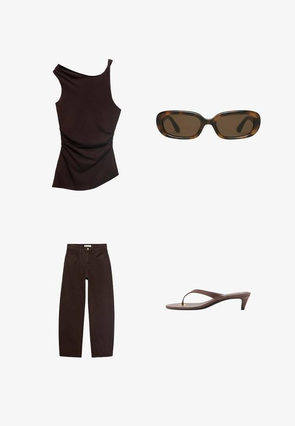Asymmetrische bruine top met één schouderontwerp, geplooide textuur aan één kant en een gladde afwerking aan de andere kant. Zachte, rekbare stof.; Bruine denim jeans met een relaxte pasvorm, voorzien van vijf zakken, riemlussen en een klassieke ritssluiting. Soepele structuur en recht pijpontwerp.; Bruine hakken flip-flop sandaal met een slanke band en ronde teenpost, met een kleine gouden accent op de voetbed.;  Schildpadbril met een glad, afgerond rechthoekig montuur en bruine lenzen. Heeft dunne, gebogen armen met een glanzende afwerking.