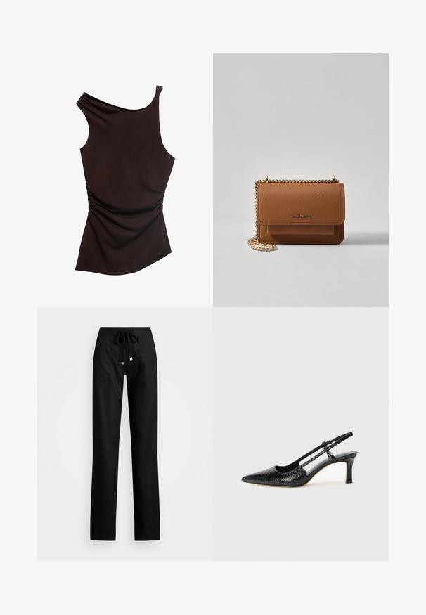 Asymmetrical brown top with one shoulder design, ruched texture on one side, and a smooth finish throughout. Soft, stretch fabric.; Black linen pants with a straight leg design, featuring a drawstring waist and two side pockets. Smooth texture with a minimalist aesthetic.; Black patent slingback heel with a pointed toe, featuring textured snake print, adjustable strap, and a short, textured block heel.; Brown textured leather crossbody bag with gold chain strap and flap closure. Front features logo detail and a pocket under the flap.