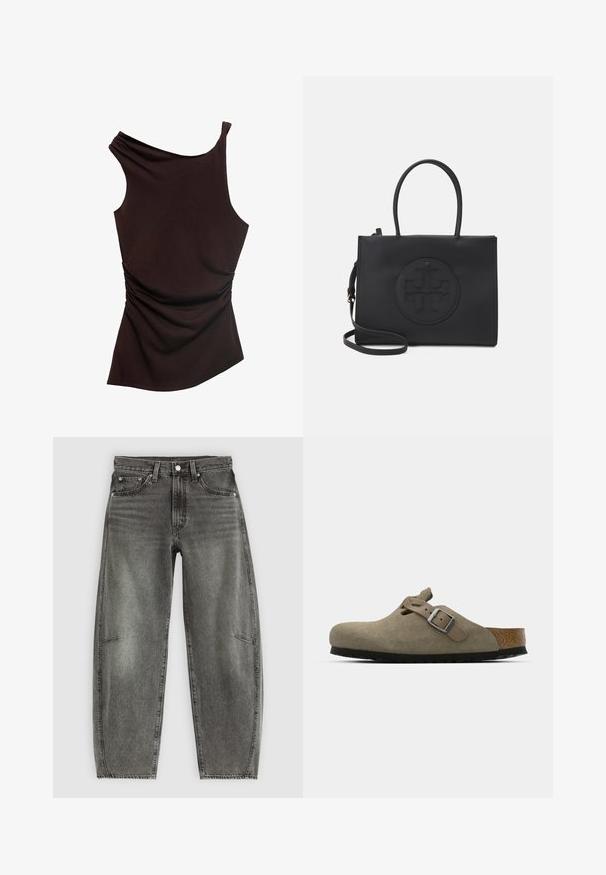 Asymetrický hnědý top s designem jednoho ramene, na jedné straně s nařasenou texturou a hladkým povrchem po celém obvodu. Měkká, elastická tkanina.; Džínsy z šedého vybledlého denimu s vysokým pasem, pěti kapsami, zapínáním na knoflík a uvolněným rovně střiženým střihem.; Semišové dřeváky ve světle olivové barvě s vytvarovanou korkovou a gumovou podrážkou. Obsahují boční pásek s kovovou sponou a zaoblenou špičku.; Černá kabelka vyrobená z hladkého materiálu, s dvojitými uchy, odnímatelným ramenním popruhem a kulatým embosovaným logem na přední straně.