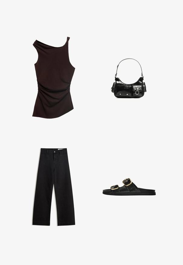 Asimetrična rjava majica z enim ramenom, naborkasta tekstura na eni strani in gladka površina po celotni dolžini. Mehka, elastična tkanina.; Črne široke denim hlače z visokim pasom, ki imajo sprednje in zadnje žepe, šivane šive ter gumbasto zapiranje. Gladka tekstura.; Črne drsne sandale z dvema zlatima zaponkama, gladkega materiala, ravnim podplatom in minimalističnim dizajnom.; Črna lakasta usnjena torbica s ukrivljeno obliko, enim ramenskim trakom, sprednjimi žepi in srebrnimi kovinskimi dodatki.
