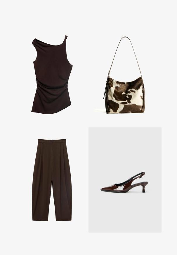Asymmetrical brown top with one shoulder design, ruched texture on one side, and a smooth finish throughout. Soft, stretch fabric.; Brown high-waisted trousers with pleats, made of smooth fabric. Loose fit, straight leg design, featuring belt loops and a zip fly.; Brown patent leather slingback shoe with a pointed toe and a moderate heel. Features a buckle strap for secure fit. Smooth texture.; Brown and cream cowhide shoulder bag with a smooth leather strap, zip closure, and a soft, textured surface featuring a natural pattern.