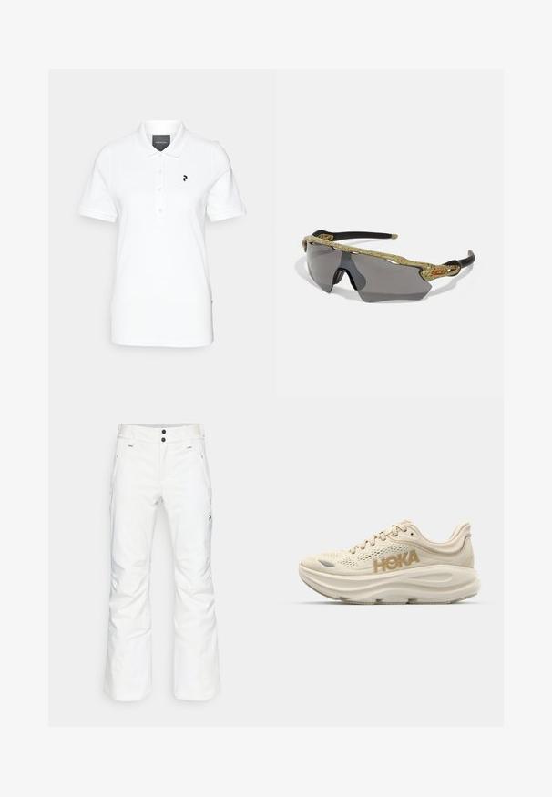 Weißes Polo-Shirt aus glattem Stoff mit klassischem Kragen und kurzen Ärmeln. Schwarzes Logo auf der linken Brust. Knöpfe vorne.; Weiße Schnee-Hosen mit geradem Bein, zwei Vorderseiten-Taschen und zwei schwarzen Knopfverschlüssen. Texturiertes Material mit schwarzem Markenlogo.; Helle beige Laufschuhe mit Obermaterial aus Mesh, gepolstertem Kragen, hervorgehobenem "HOKA"-Logo in Gold und dicker, gepolsterter Sohle für Komfort.; Sportsonnenbrille mit einem grünen gemusterten Rahmen, schwarzen Bügeln und grauen Gläsern. Das Design verfügt über eine Wraparound-Form mit einer auffälligen, sportlichen Silhouette.