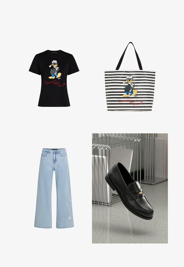 Črna bombažna majica s kratkimi rokavi, ki vsebuje barvno grafiko risanega junaka in rdečimi napisi "Donald in Karl" na sprednji strani. Klasičen kroj.; Svjetloplave traperice širokih nogavica s izvezenim tekstom "Donald i Daisy" na lijevoj nogavici. Sadrži klasičan dizajn s pet džepova i petlje za remen.; Črne usnjene loafer čevlje z gladko površino, ki imajo dekorativen trak in majhen zlati akcent. Podplat je raven z zaobljenim prstom.; Tote torba z navpičnimi črno-belimi črtami, grafika risanega račka v črnem kostimu in sončnih očalih, z rdečim podpisom.