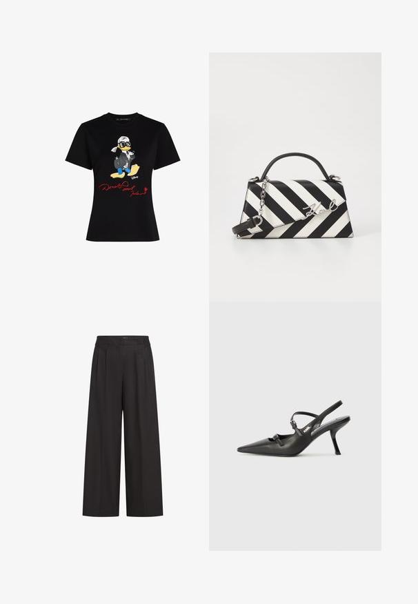 Melnas kokvilnas T-kreklas ar krāsainu multfilmu varoņa grafiku un sarkanu tekstu "Donald un Karls" uz priekšpuses. Īsas piedurknes, klasiskā piegriezuma.; Melni platleņķa bikses ar augstu jostu, ar priekšējiem krokām un gludu tekstūru. Izgatavotas no viegla auduma.; Melnas ādas slingback papēži ar norādītu purngalu, izsmalcinātu papēdi un dekoratīvu sprādzi uz priekšpuses. Gluda tekstūra un elegants dizains.; Melnām un baltām svītrām rotāta rokassoma ar strukturētu formu, ar augšējo rokturi, noņemamu ķēdes siksnu un metāla logotipa akcentu.