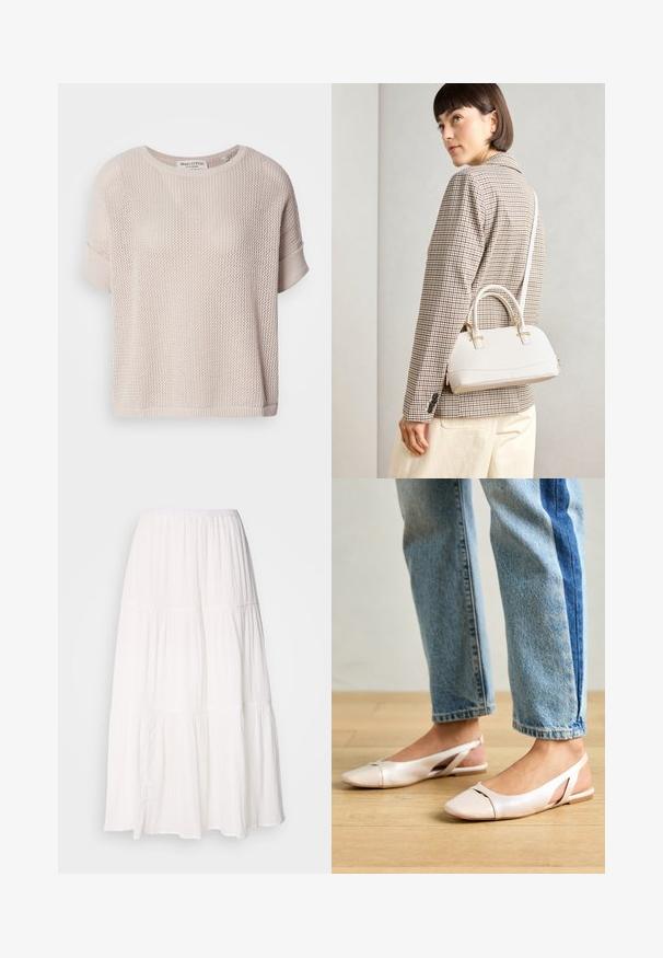 Pull en tricot beige clair à coupe décontractée, col rond et manches courtes retroussées. Présente une texture ajourée et un ourlet côtelé.; Jupe midi blanche à volants avec une taille smockée, en tissu léger et doux, avec une texture légèrement froissée.; Ballerines slingback rose pâle avec un bout pointu, fabriquées en un matériau semblable au cuir lisse. Présentent des découpes sur les côtés et un talon plat.; Sac à main structuré blanc avec de courtes poignées et une bandoulière, doté de accents en métal doré et d'un matériau texturé, présenté sur un fond gris.