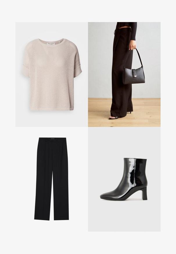 Hellbeige gestrickter Pullover mit lockerer Passform, rundem Halsausschnitt und kurzen, umgeschlagenen Ärmeln. Besitzt eine offene Webstruktur und einen gerippten Saum.; Schwarze Hose mit geradem Bein, ausgestattet mit zwei frontalen Taschen und einem Taillenbund. Hergestellt aus einem glatten, leichten Stoff.; Schwarzer Lackleder-Stiefelette mit spitzer Zehe und einem mittelhohen Blockabsatz. Glatte Textur und minimalistisches Design.; Schwarze Handtasche mit strukturierter Form, glatter Textur und einem metallischen Verschluss. Kombiniert mit weiten schwarzen Hosen und offenen Sandalen auf einem Holzboden.