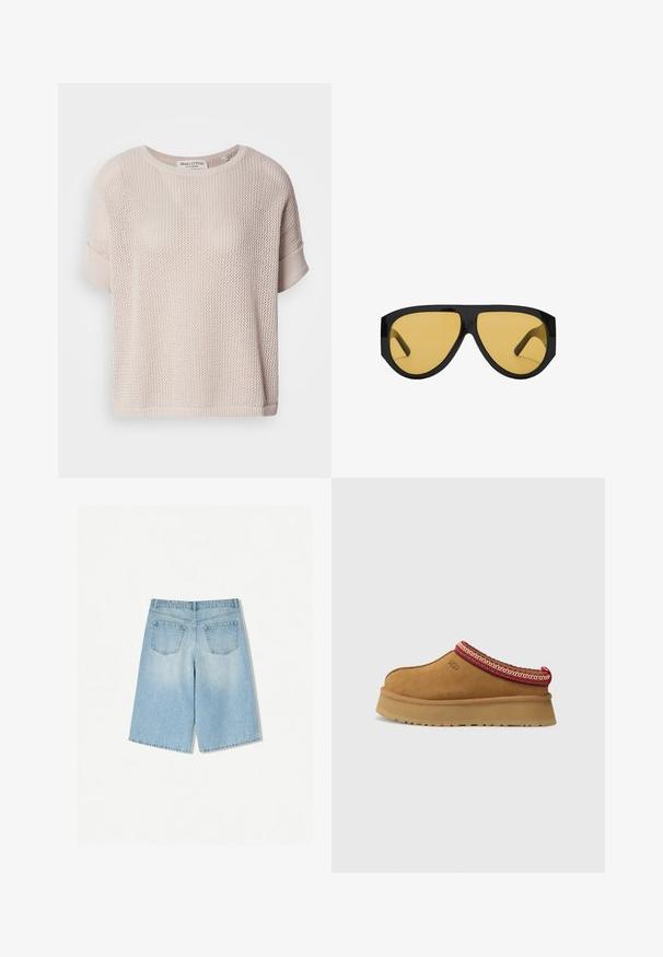Jasno beżowy sweter dziany o luźnym kroju, okrągłym dekolcie i krótkich, podwiniętych rękawach. Posiada otwartą strukturę plecionki i prążkowany dół.; Jasnoniebieskie szorty dżinsowe o luźnym kroju, wyposażone w dwie tylne kieszenie oraz prostą nogawkę. Czysty brzeg i miękka faktura.; Brązowy zamszowy but wsuwany z czerwono-kremowym ozdobnym wykończeniem, teksturowaną podeszwą i logo UGG z boku. Posiada lekko podwyższone podłoże.; Okulary przeciwsłoneczne z elegancką, czarną plastikową oprawką i żółtymi soczewkami, o wyraźnym kanciastym kształcie i szerokich zausznikach dla dodatkowej ochrony.; Spleciona torebka w odcieniu brązowym z zaokrąglonym uchwytem, wykonana z miękkiej skóry. Posiada zamek błyskawiczny oraz misterny wzór plecionki.; Srebrna metaliczna miska o falistym wzorze, gładkiej powierzchni oraz teksturowanym wnętrzu, odbijająca światło dzięki wypolerowanemu wykończeniu.