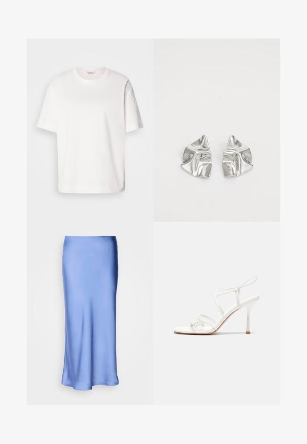 White cotton t-shirt with short sleeves, crew neckline, relaxed fit, and smooth texture; no patterns or visible hardware.; Satin blue midi skirt with a smooth, lustrous finish. Flared silhouette, hem curves gently, highlighting its fluid design.; White strappy high-heeled sandal with a flat toe base, textured front with gathered accents, and a slim ankle strap.; Silver metal earrings with a wavy, sculptural design featuring a polished finish and irregular shapes, highlighting a contemporary aesthetic.