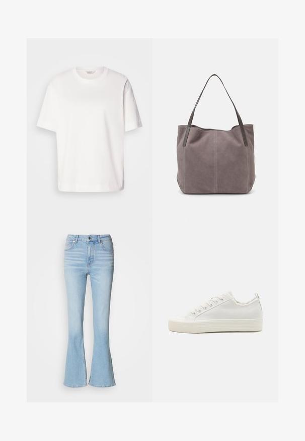 White cotton t-shirt with short sleeves, crew neckline, relaxed fit, and smooth texture; no patterns or visible hardware.; Light blue flared jeans made of denim with a high waist, featuring subtle fading and a standard zip-fly closure.; White canvas sneakers with a textured upper, round toe cap, flat sole, and lace-up front. Features a slightly frayed collar and pull tab.; Gray suede tote bag with two dark leather handles. Features stitched detailing on the sides, soft texture, and a spacious opening.; Four silver rings with varying designs: twisted band, layered curves, delicate crystals, and a smooth band with small accents.