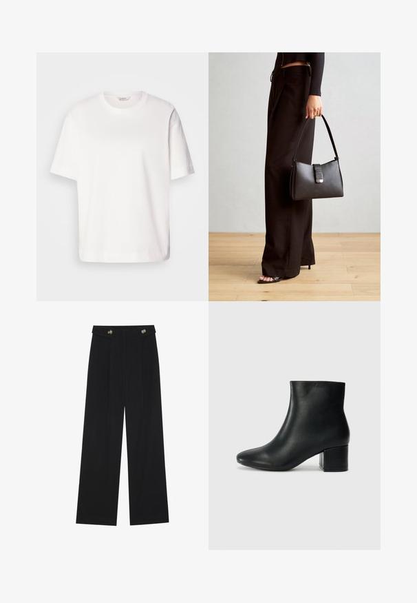T-shirt bianco in cotone con maniche corte, scollatura rotonda, vestibilità rilassata e texture liscia; senza motivi o hardware visibili.; Pantaloni neri a gamba larga con vita alta, dettagli con bottoni in vita e pieghe frontali.; Stivali neri in pelle fino alla caviglia con punta appuntita e tacco spesso. Texture liscia con minimi dettagli e un design elegante e aderente.; Borsa nera con forma strutturata, texture liscia e una chiusura metallica. Abbinata a pantaloni neri larghi e sandali open-toe su un pavimento in legno.
