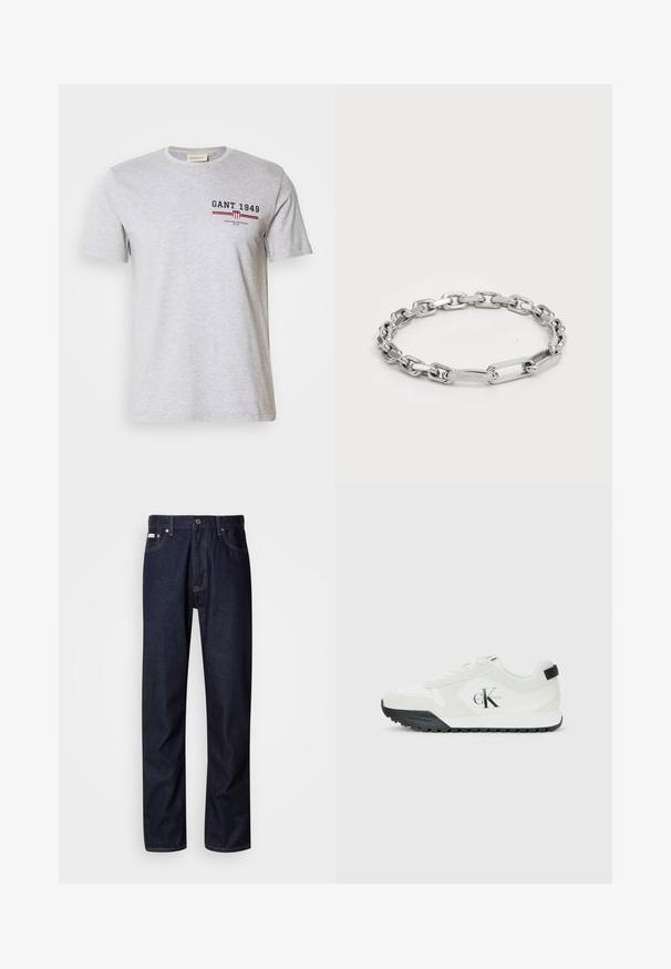 Pilkos medvilnės marškinėliai trumpomis rankovėmis, apvaliu kaklu ir spausdintu tekstu tamsiai mėlynos ir raudonos spalvos. Su logotipu ir horizontaliomis juostelėmis.; Tamsiai mėlynos džinsinės kelnės su tiesiomis kojomis, turinčios mygtukų užtraukimą, penkias kišenes ir kontrastingas siuvimo detales.; Calvin Klein baltos sportsbateliai su juodu padu, su zomšos ir tinklelio detalėmis, CK logotipas šone ir Calvin Klein ženklinimas ant kulno bei pado.; Sidabro grandinėlė, kurią sudaro ovalūs ir stačiakampiai akmenukai, turintys lygų paviršių. Išgraviruotas Calvin Klein logotipas ant plokščio akmenuko.