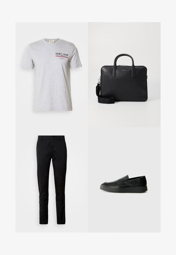 Pilkos medvilnės marškinėliai trumpomis rankovėmis, apvaliu kaklu ir spausdintu tekstu tamsiai mėlynos ir raudonos spalvos. Su logotipu ir horizontaliomis juostelėmis.; Juodi aptemti kelnių, pagaminti iš lygaus audinio. Yra juosmens juosta su mygtuku ir tiesių kirpimų kojomis.; Calvin Klein HYBRID CUP - Įmautiniai batai - triple black; Juodas odinis portfelis su tekstūruotu paviršiumi, dviem rankenomis, nuimama petneša ir priekyje esamu logotipo detaliu. Uždarymas užtrauktuku.