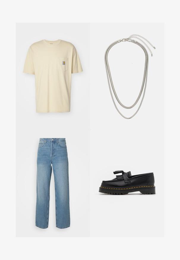 Carhartt WIP - T-shirt basic; Jasnoniebieskie dżinsy z wysokim stanem, prostymi nogawkami, z przodem na guziki i pięcioma kieszeniami na jednolitym tle.; Czarny skórzany mokasyn z frędzelkowymi akcentami, z masywną czarną podeszwą i żółtym przeszyciem wzdłuż krawędzi. Teksturowane wykończenie.; Trójwarstwowy naszyjnik ze srebrnego metalu z eleganckimi, elastycznymi łańcuszkami o delikatnym połysku, zapinany na karabińczyk i regulowany.