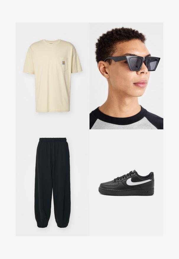 Carhartt WIP POCKET - Paprasti marškinėliai - cornsilk; Juodi, su elastiniu juosmeniu sportiniai kelnės su laisvu siluetu, suapvalintais kulkšnimis, lygia tekstūra ir be matomų raštų ar metalinių akcentų.; Juodi Nike Air Force 1 sportbačiai su lygia odine viršutine dalimi, balta logotipo akcentu, perforuota nosimi ir tekstūruotu guminio pado.; Juodos kampinės saulės akinių su tamsiais objektyvais, pasižyminčių drąsiu geometriniu dizainu ir matinio paviršiaus apdaila. Juos nešioja žmogus su trumpais plaukais.