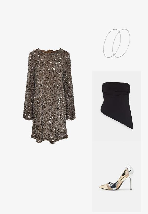 Melnās vienas plecu peldkostīms, kas izgatavots no gludas, elastīgas auduma. Iezīmējas ar savelkamu detaļu un asimetrisku apakšmalu dizainu.; Garās piedurknes kleita, kas izgatavota no brūna auduma ar sudraba spīguļiem, ar apaļu dekoltē un aizmugurē esošu loku. Atstarojoša un teksturēta virsma.; Apspīlēta augstpapēžu kurpe ar zeltītu, sudrabi un neitrālu krāsu kombināciju. Spīguļojoša virsma ar izgriezuma dizainu, aprīkota ar stiletto papēdi.; Sudraba metāliska poga somiņa ar mīkstu, noapaļotu formu un mezgla augšējo aizdari. Izgatavota no gludas mākslīgās ādas materiāla.; Sudraba gredzenveida auskari ar minimālistisku dizainu. Cirkulāra forma, gluda tekstūra un plāns profils. Vieglu svaru ar spīdīgu apdari.