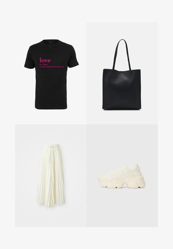 Mustkunst eest must t-särk, millel on roosa tekst "armastus" ja selle ladina keeles määratlemine, keskel esiküljel. Lühikesed varrukad ja ringkaelusega disain.; Kergelt kollasel kangast volditud midi seelik, millel on elastne vöökoht koos nööriga, sile tekstuur ja vertikaalsed triibud lisadetailideks.; Paksud valged tennised, mis on valmistatud tekstureeritud võrgu- ja sünteetilistest materjalidest, pakuvad paksu tallaga ja keerukat mustrit külgedel.; Mustast nahast kott sujuva tekstuuriga, ristkülikukujuline ja kahe pika sangaga. Pole nähtavat riistvara ega kaunistusi.