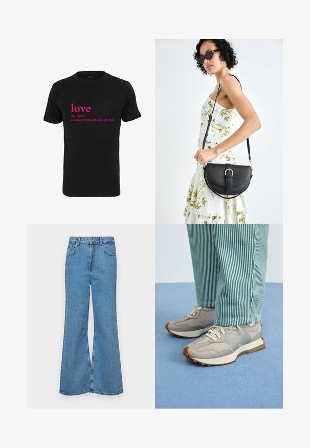 Mustkunst eest must t-särk, millel on roosa tekst "armastus" ja selle ladina keeles määratlemine, keskel esiküljel. Lühikesed varrukad ja ringkaelusega disain.; Heledad sinine flared teksade rõivad, millel on kõrge talje, viis taskut ja üks nupulukk. Pehme tekstuur ja pleekinud viimistlus.; Hallid hallid tossud, millel on nubri ja võrgust paneelid, valged paelad ja tekstuuriga talla. Kannab teal triibuliste pükste juurde. Sinine tekstuuriga taust.; Mustmust mustraha kõverate joontega, eemaldatava rihmaga ja kuldsete detailidega. Kotil on klapp, millel on pandladetail.