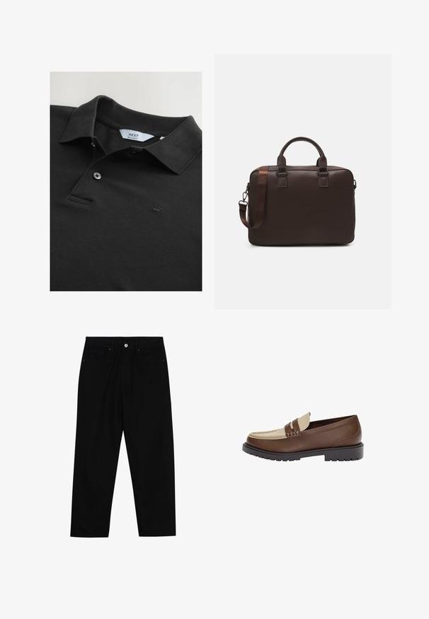 Polo shirt nero realizzato in tessuto testurizzato con colletto, due bottoni e un piccolo logo ricamato a forma di corona sul petto. Vestibilità regolare.; Pantaloni in denim nero con taglio dritto, design a cinque tasche e chiusura frontale con bottone. Tessuto liscio con dettagli di cucitura minimi.; Mocassino in pelle marrone con accentuazione in pelle beige e dettagli di cucitura. Presenta una suola nera a bassa trama e un design classico.; Borsa per laptop in pelle marrone con superficie texturizzata, doppi manici superiori, cinturino regolabile e due fibbie frontali per un tocco di originalità.