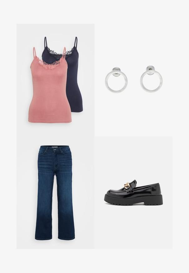 Dve majice brez rokavov: ena v mehki roza barvi z čipkastim robom in ena v mornarsko modri. Obe imata tanke naramnice in prilegajoč dizajn.; ONLY Petite ONLMADISON BLUSH WIDE - Široke hlačnice - dark blue denim; Črni lakirani usnjeni loafers s debelim črnim podplatom in zlato kovinsko opremo. Gladka tekstura in zasnova zaokroženega nosu.; Srebrni kovinski obročasti uhani z brušenjem, s krožno obliko in prozornim zatičem za varno nošenje.