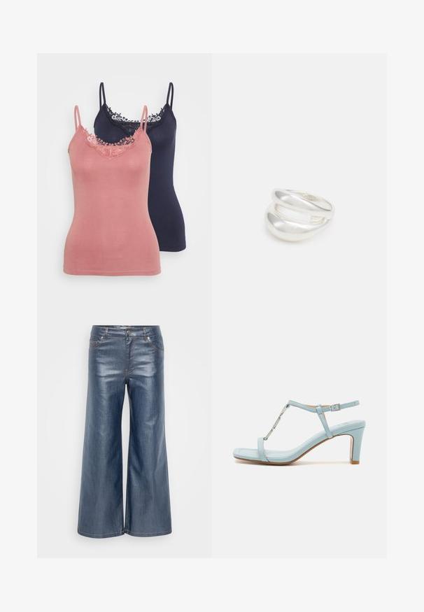 Dve majice brez rokavov: ena v mehki roza barvi z čipkastim robom in ena v mornarsko modri. Obe imata tanke naramnice in prilegajoč dizajn.; Svetlo modri široki jeans hlače z gladko teksturo, petimi žepi in kontrastnim šivanjem. Sprednje zapiranje na gumb in zadrgo.; Svijetloplave sandale s visokom petom i remenom oko gležnja, sa kvadratnim vrhom, koji imaju metalik akcent i glatku, glatku kožnu teksturu.; Srebrn dvojni prstan z gladko, polirano površino. Ima tekoč, ukrivljen dizajn z prekrivajočimi se sekcijami za sodoben videz.
