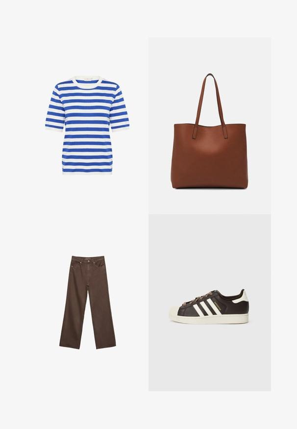 Top a maniche corte a righe blu e bianche. Collo a giro, tessuto morbido, vestibilità normale, con righe alternate spesse e sottili.; Jeans a gamba larga marroni in denim, con vita alta, tasche anteriori e chiusura a bottone classica. Tessuto liscio con cuciture sottili.; Sneaker Adidas Superstar low-top in pelle marrone scuro con punta a conchiglia crema, strisce bianche e scritta "Superstar" sul lato.; Borsa tote in pelle marrone con texture liscia, design con apertura superiore e due spallacci. Presenta cuciture minime e nessun hardware visibile.