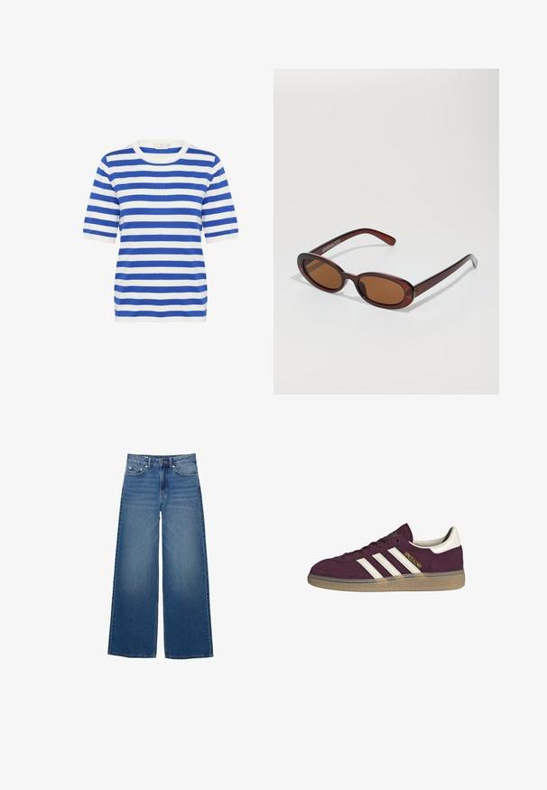 Blue and white striped short-sleeve top. Crew neckline, soft fabric, regular fit, with alternating thick and thin stripes.; Wide-leg blue jeans made of denim, featuring a high waist, stitched accents, and a simple design with a slight fade effect.; Maroon suede sneaker with white three stripes and beige accents. Features a textured rubber sole and gold branding on the side.; Round, brown-tinted sunglasses with a glossy burgundy frame. Slim arms with subtle branding detail. Flat lens design.; Brown woven leather handbag with a slouchy, triangular shape. Features a braided handle and a zipper closure along the top.