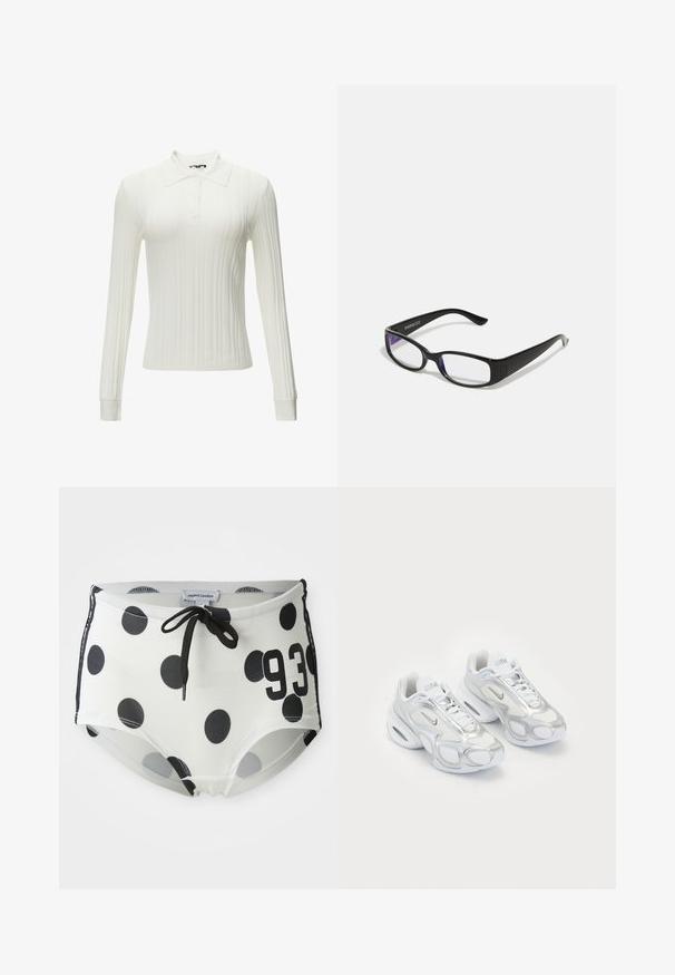 Weißes Langarmhemd mit Kragen und geripptem Textil, ausgestattet mit einer Knopfleiste und anliegenden Ärmeln. Weicher, glatter Stoff mit minimalen Details.; Schwarz-weiße gepunktete Badehose mit einem Kordelzug-Bund, auf der Vorderseite mit der Nummer "93" und aus einem glatten, dehnbaren Stoff.; Weiße Sportschuhe mit einem Obermaterial aus Netzgewebe und silbernen Akzenten, einer einzigartigen Form und Luftpolsterung in der Ferse. Geflochtenes Design mit Logo.; Schwarze rechteckige Brille mit klaren Gläsern. Glänzende Oberfläche, schmale Bügel und lila Tönung an den Rändern der Gläser sichtbar.