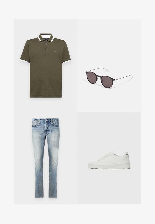 Michael Kors GREENWICH - Pólóing - ivy heather; Világoskék farmernadrág, kopott hatással, slim fit kialakítással, öt zsebbel és eltérő színű varrással a varratoknál.; Fehér bőr sportcipő sima felülettel, kerek orral, lapos fűzőkkel és texturált talppal. Finom logó található a sarokon.; Fekete kerek napszemüveg sötét lencsékkel és karcsú fém szárakkal. Átlátszó szárvégeket és ezüst részleteket tartalmaz az ívnél. Minimalista dizájn.