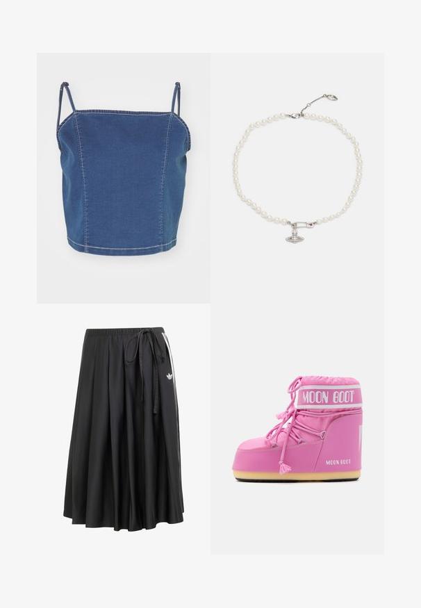 Blue denim cropped top with thin shoulder straps, featuring a fitted design and exposed stitching details along the seams.; Black midi skirt with elastic waistband, side tie, white stripes, and Adidas trefoil logo on the right side.; Pink Moon Boot with a high top, textured fabric, decorative laces, and a branded strap. Features a durable sole for stability.; Pearl necklace with glossy white beads, featuring a silver-tone safety pin charm adorned with clear rhinestones. Lobster clasp closure.