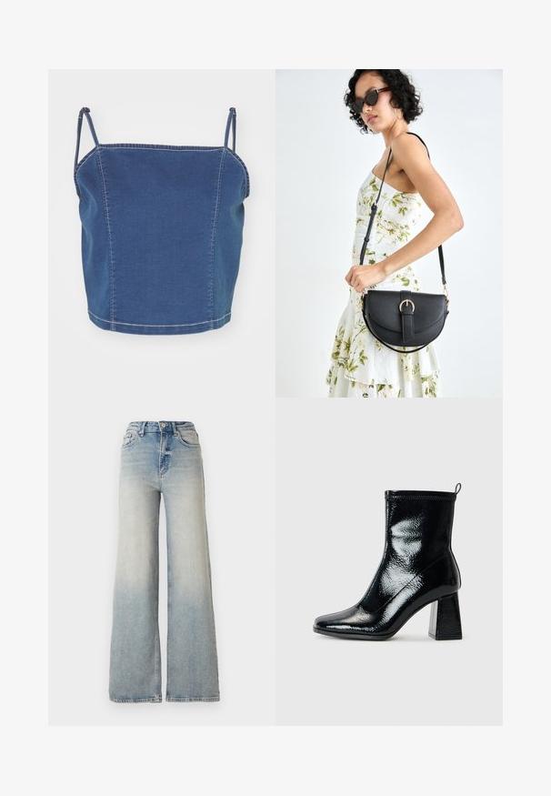 Modrý džínový cropped top s tenkými ramínky, který má přiléhavý střih a vystavené švy podél spojů.; Světle modré široké džínsy vyrobené z denimu, s vysokým pasem, pěti kapsami a viditelným švem podél švů.; Černé lakované kotníkové boty se čtveratou špičkou a masivním geometrickým podpatkem. Disponují hladkým, lesklým vzhledem a zadním poutkem pro snadné obutí.; Černá kožená kabelka s křivkovým tvarem, odnímatelným popruhem a zlatými detaily. Kabelka má klopu s přezkou.