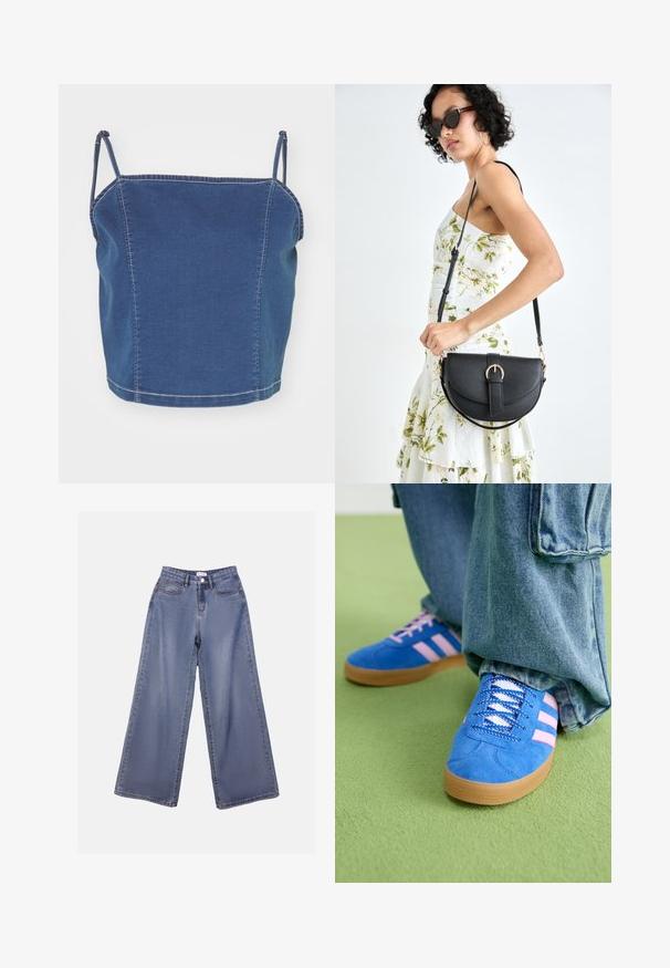 Sinine denimpüksi lühike topp õhukeste õlavarredega, millel on vormitud disain ja avatud õmblused õmbluste ääres.; Laia sinise pesu laiad teksad, millel on kõrge talje, ees taskud ja nööbilukuga vöörihmade jaoks.; Sinised sametkingad roosade triipudega ja valgete paeltega, millel on kummist tallad, kombineeritud laia teksapükstega rohelisel pinnal.; Mustmust mustraha kõverate joontega, eemaldatava rihmaga ja kuldsete detailidega. Kotil on klapp, millel on pandladetail.