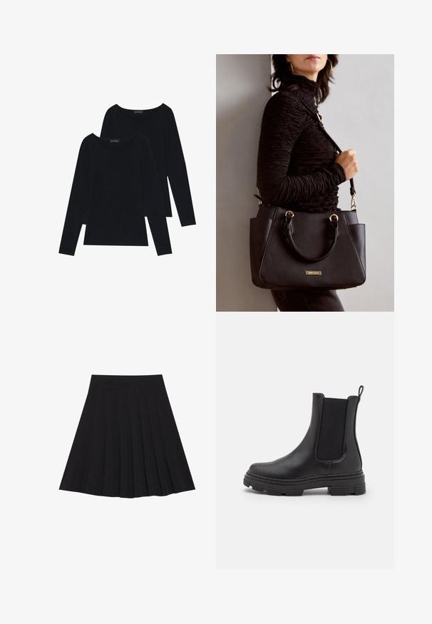 Du du ilgi rankoviai juodi marškiniai iš švelnaus, banguoto audinio, su plačiais apvaliais iškirpimais, turintys paprastą dizainą ir lygų paviršių.; Juoda plisėta sijonas, pagamintas iš tekstūruotos medžiagos su prigludusia juosmens juosta. Siekia kelių ilgį, turi sklandžią, švarią siluetą.; Juodos odinės kulkšninės botai su elastinėmis šoninėmis juostomis, apvalia nosimi ir tekstūruotu guminiu padu. Yra kilpa gale, skirta patogiam užsidėjimui.; Juodas rankinės maišelis su struktūrizuota paviršiumi, dvigubais viršutiniais rankenėlėmis ir reguliuojamu peties diržu. Įrengtas aukso spalvos furnitūra ir šoninės kišenės.